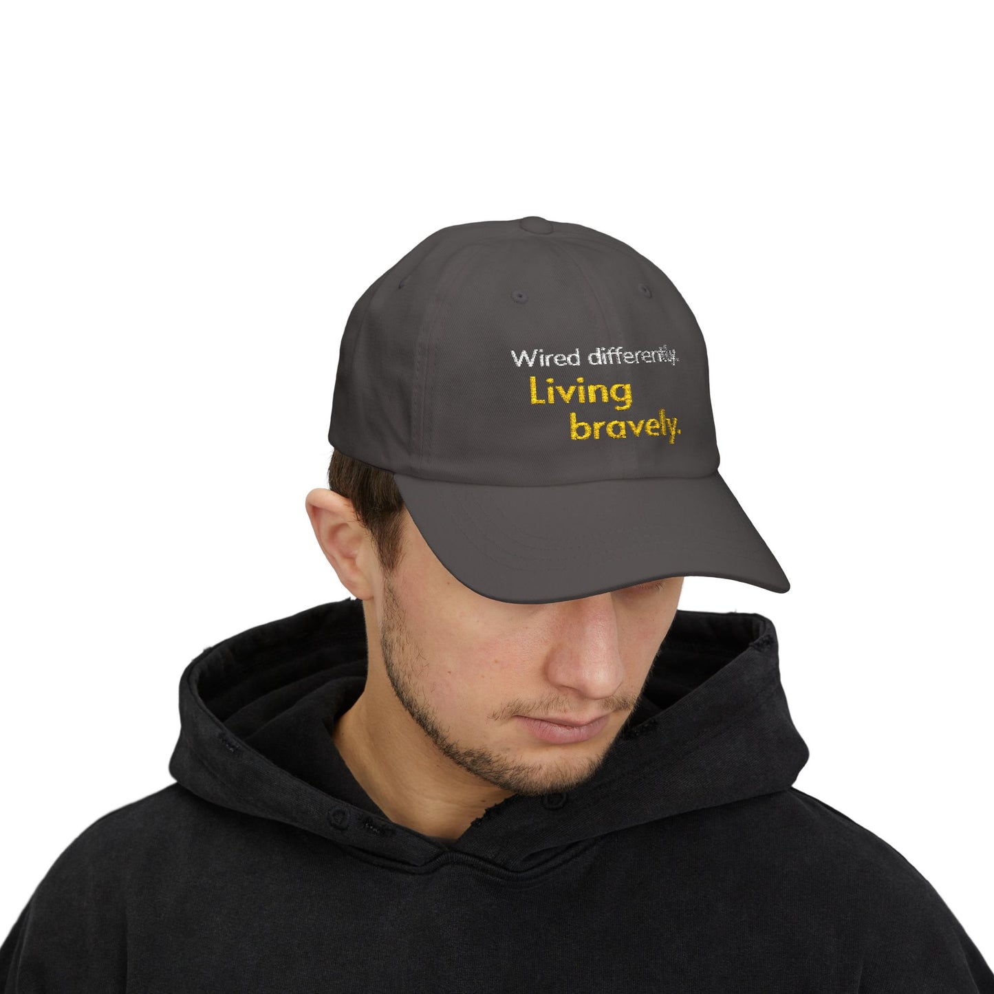 "Wired Differently. Living Bravely." — Embroidered Neurodivergent Cap | Unstructured Dad Hat · ADHD & Autism | Neubrave