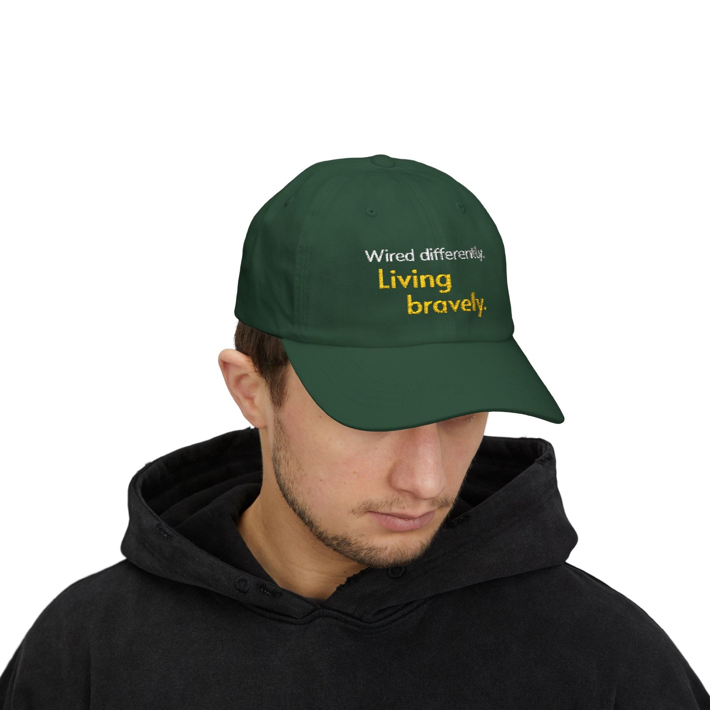 "Wired Differently. Living Bravely." — Embroidered Neurodivergent Cap | Unstructured Dad Hat · ADHD & Autism | Neubrave