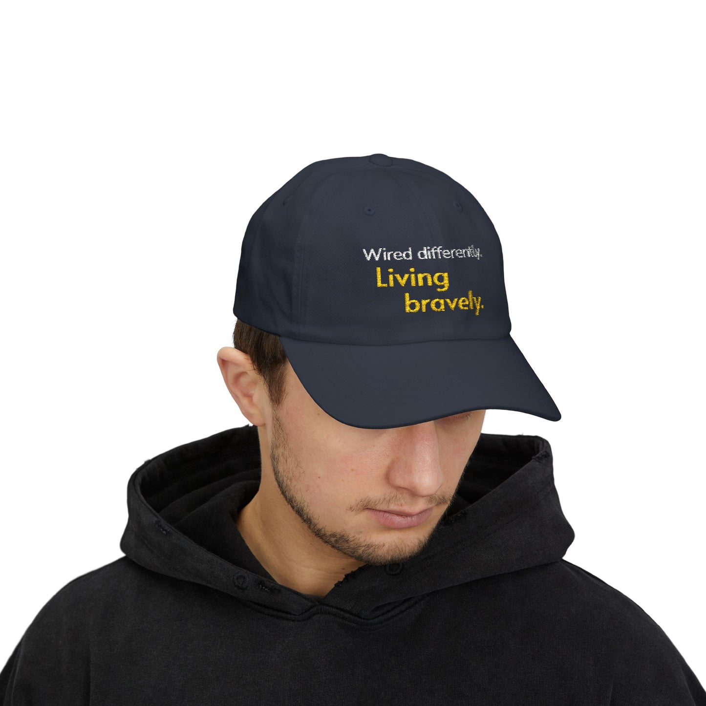 "Wired Differently. Living Bravely." — Embroidered Neurodivergent Cap | Unstructured Dad Hat · ADHD & Autism | Neubrave
