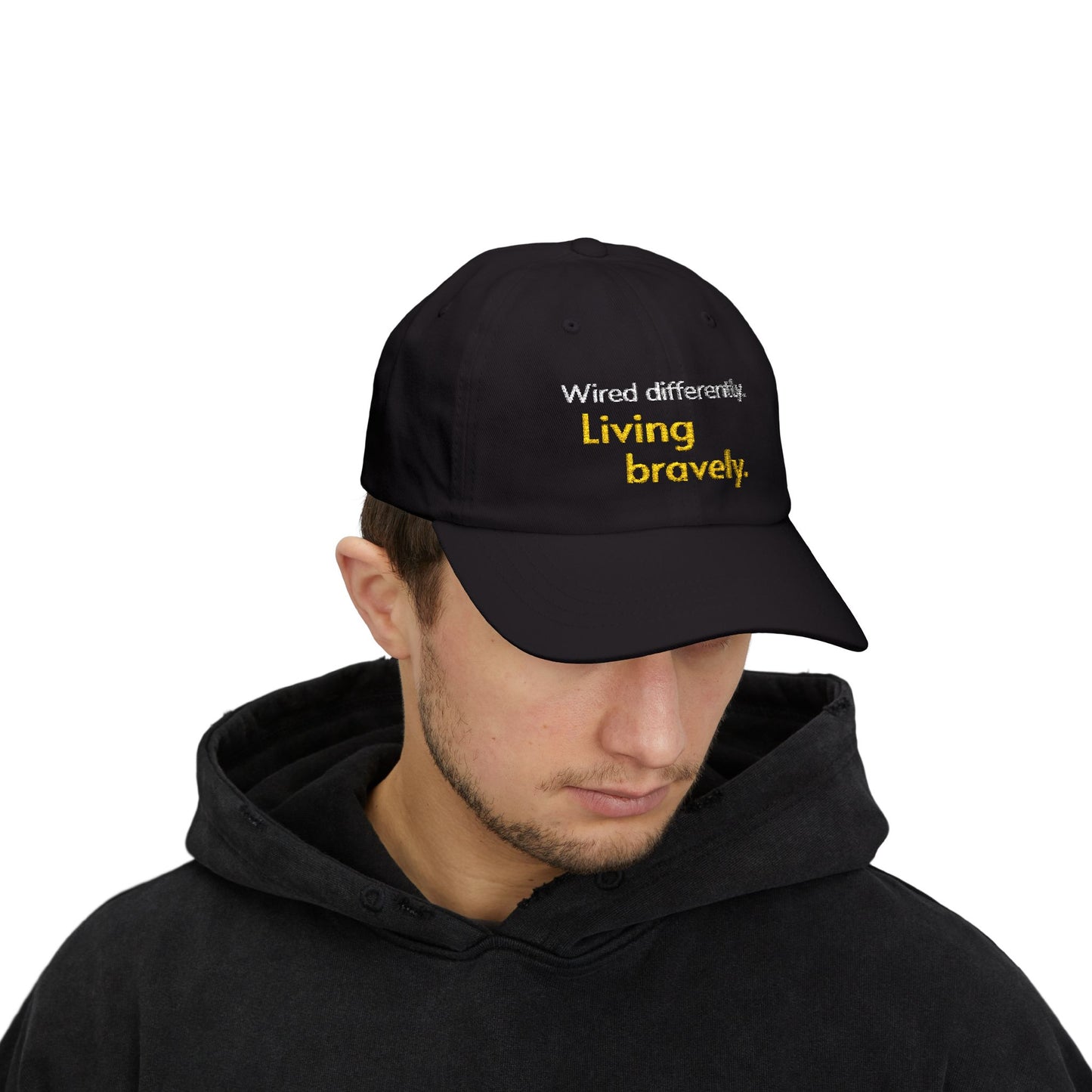 "Wired Differently. Living Bravely." — Embroidered Neurodivergent Cap | Unstructured Dad Hat · ADHD & Autism | Neubrave